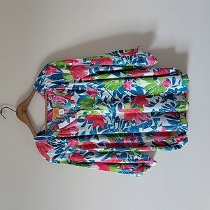 Ruby Rd Pink Blue Floral Linen Blend Blouse Size XL